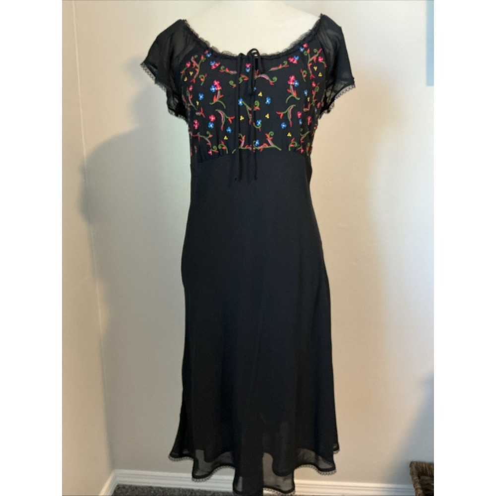 Vintage Carole Little Embroidered Dress Black‎ Prairie Cottagecore Boho size 4